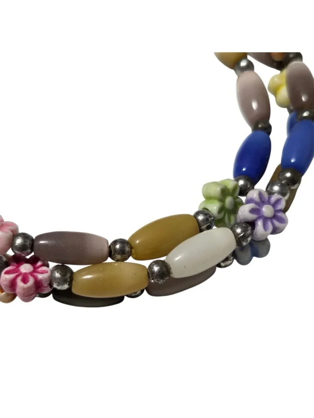 Whimsical Beaded Coil Bracelet Floral Accents Cottagecore Boho Fashion Jewelry